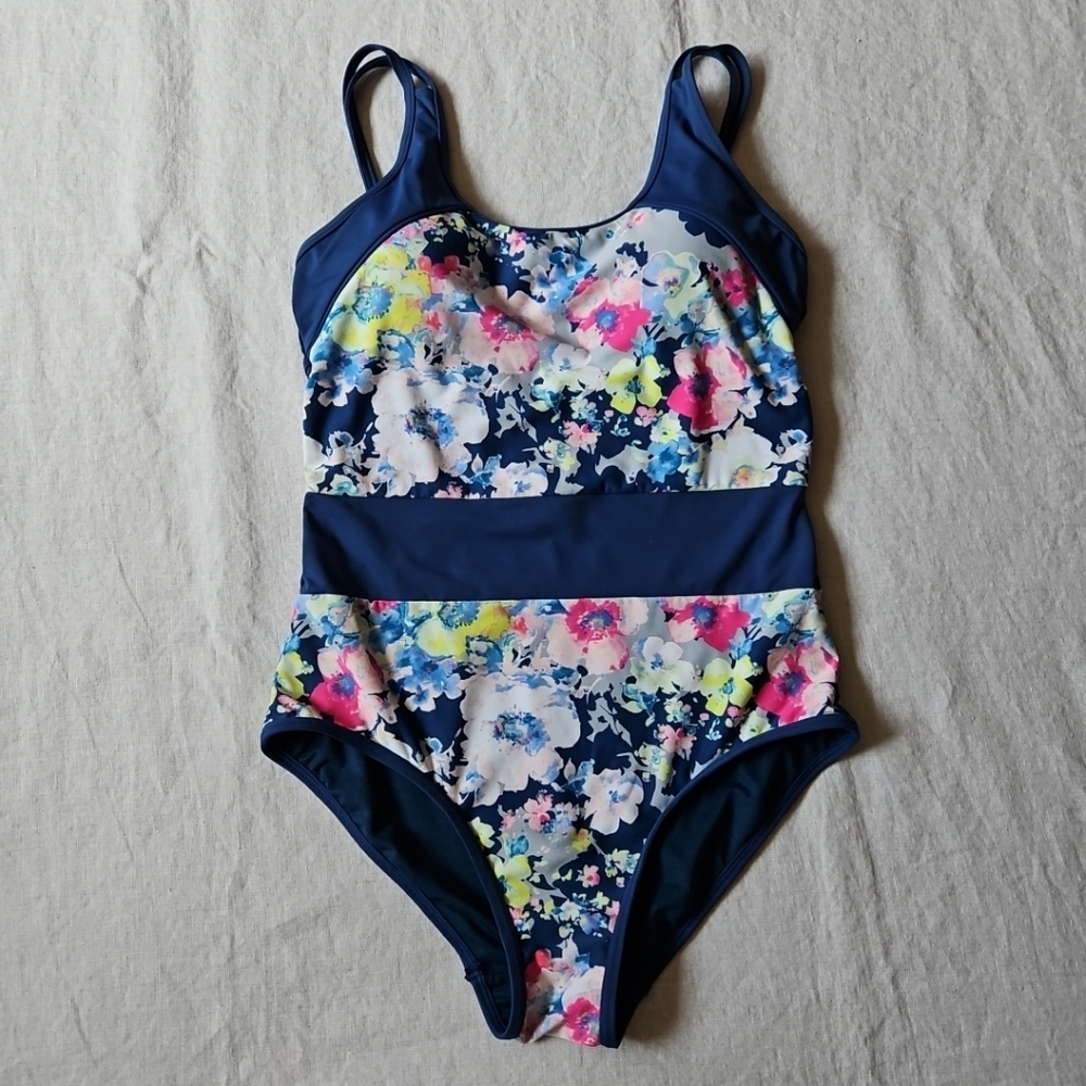 Moontide Floral Blue Pink Swimwear One Piece Swimsuit Size 8